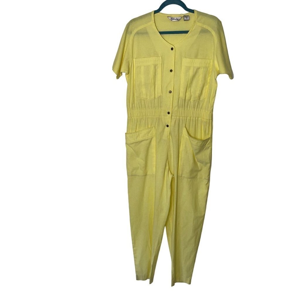 Abraxas Vintage Womens Jumpsuit Size Medium Yellow Cotton Blend Snap Front
